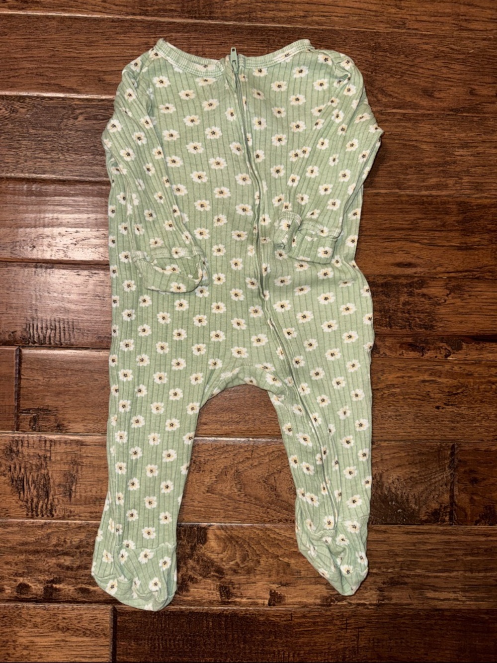 Green Daisy Ribbed Footed One-Piece for Kids